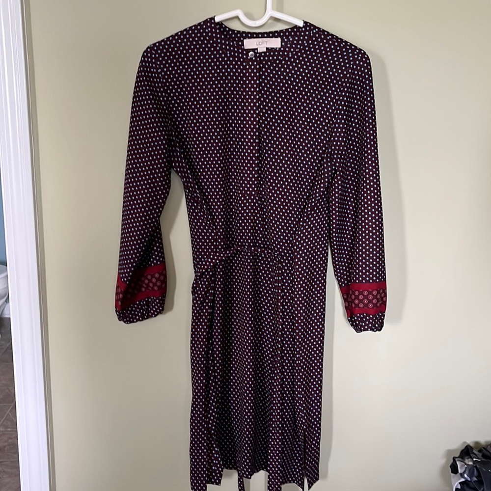 Loft long sleeve dress maroon and blue pattern